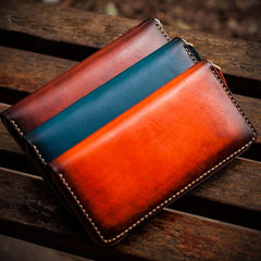 Handmade Leather Mens Cool Long Leather Wallets Zipper Clutch Wallets for Men