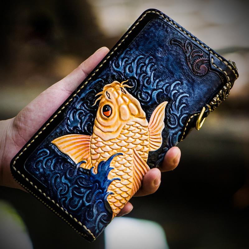 Handmade Leather Men Tooled Carp Cool Leather Biker Wallets Long Wallets for Men