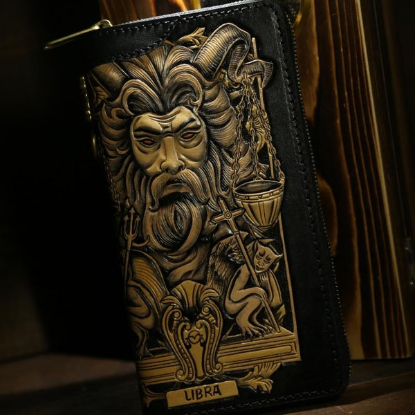 Handmade Leather Tooled Constellation Biker Wallet Mens Cool Chain Wallet Trucker Wallet with Chain