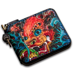 Handmade Leather Chinese Lion Tooled Mens billfold Wallet Cool Chain Wallet Biker Wallet for Men