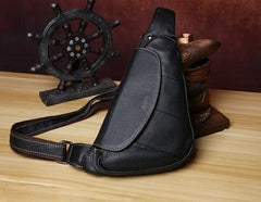 Genuine Black Leather Mens Cool SLing Pack Chest Bag Black Sling Bag Crossbody Bag Pack for men