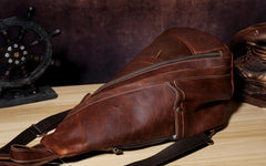 Genuine Brown Leather Mens Cool Chest Bag Sling Bag Sling Backpack for men