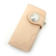 Handmade Beige Long Biker Wallets with Chain Cool Mens Leather Biker Chain Wallets