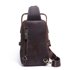 Genuine Leather Mens Cool Chest Bag Sling Bag Coffee One shoulder Backpack for men