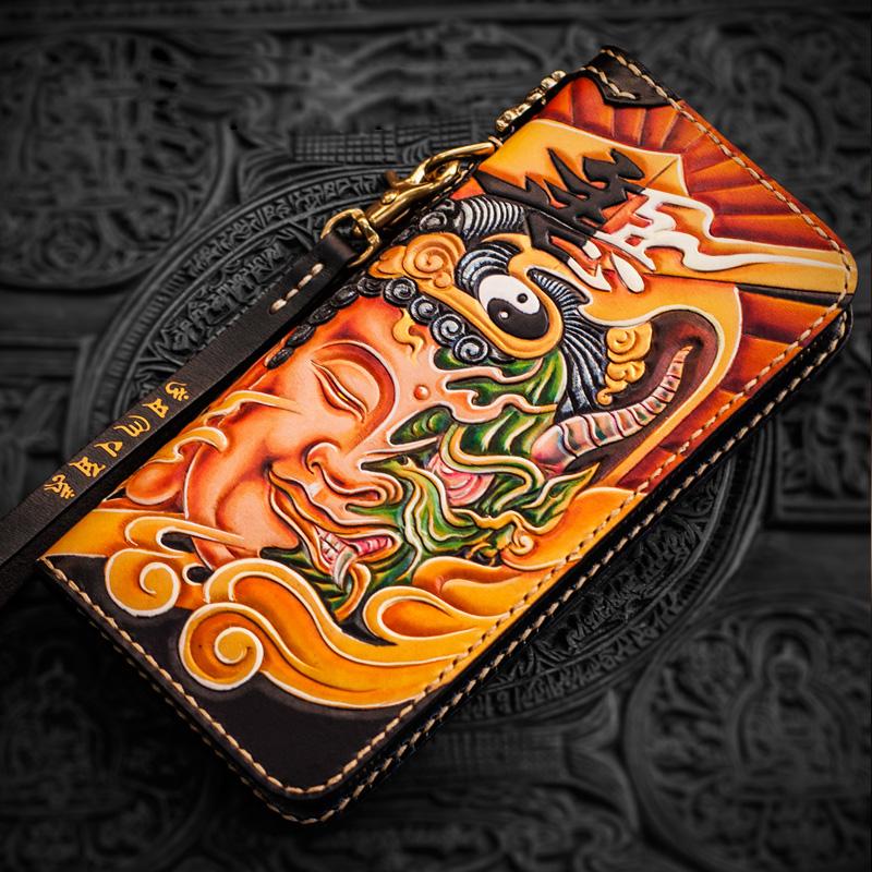 Handmade Leather Tooled At Whim Mens Chain Biker Wallet Cool Leather Wallet Long Phone Wallets for Men