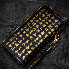 Handmade Leather Mens Chinese Handwriting Biker Chain Wallet Cool Leather Wallets Long Wallets for Men