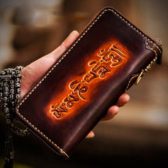 Handmade Leather Mens Tooled Eagle Chain Biker Wallet Cool Leather Wallets Long Wallets for Men