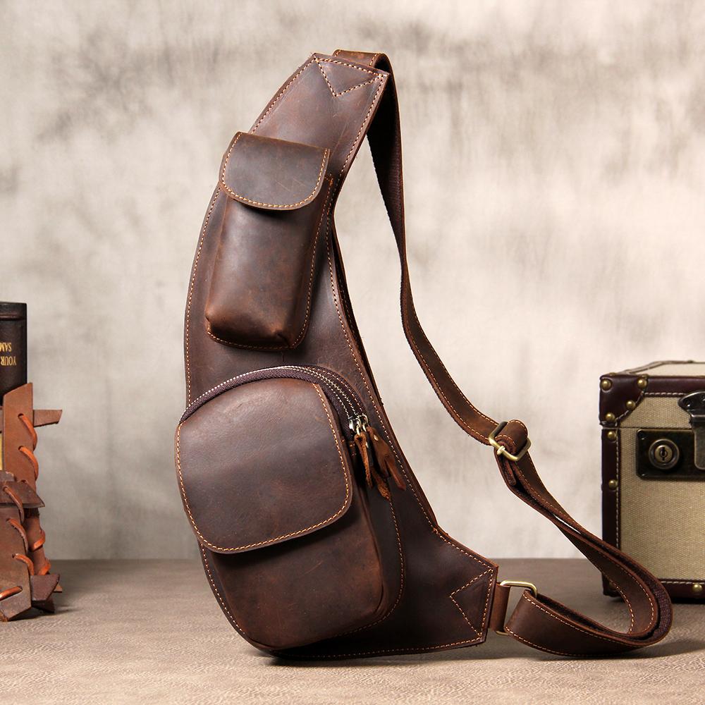 Leather Vintage Brown Mens Sling Bag Shoulder Sling Bag Chest Bag for men