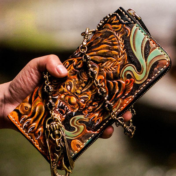Handmade Leather Mens Tooled Monster Chain Biker Wallets Cool Leather Clutch Wallets Long Wallets for Men