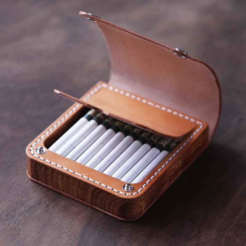 Handmade Wooden Leather Mens 7pcs Cigarette Case Cool Custom Cigarette