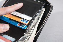 Cool Leather Mens Slim Leather Small Wallets Zipper billfold Wallets Bifold for Men