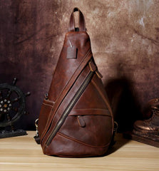 Genuine Brown Leather Mens Cool Chest Bag Sling Bag Sling Backpack for men