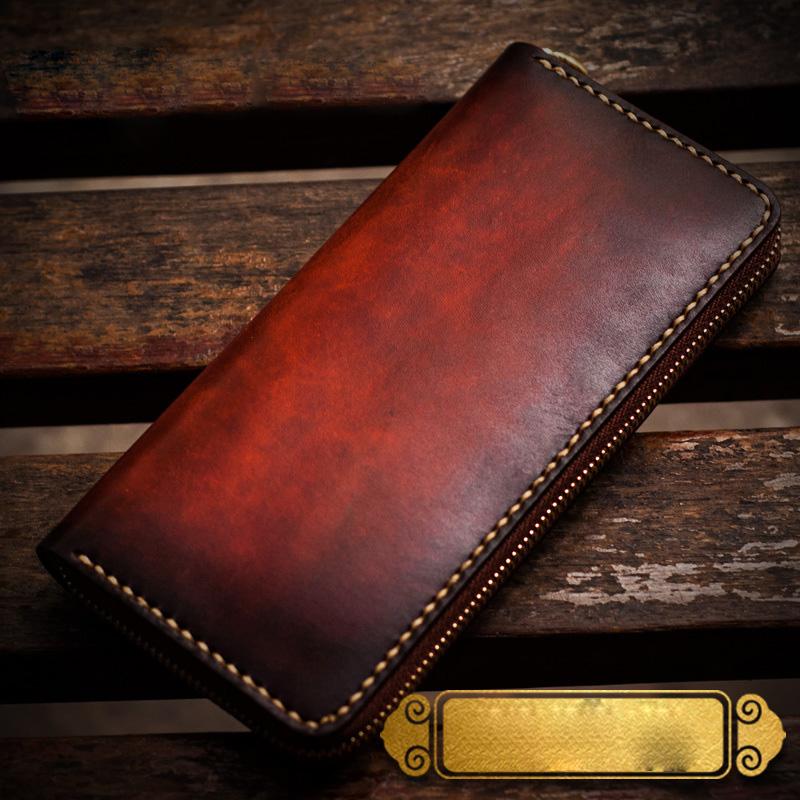 Handmade Leather Mens Cool Long Leather Wallets Zipper Clutch Wallets for Men
