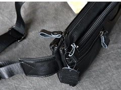 Cool Black Leather Fanny Pack Mens Black Waist Bag Hip Pack Black Belt Bag for Men