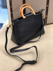 Vintage Womens Brown Leather Structured Handbag Black Wooden Top Handle Satchel Shoulder Bag Purse