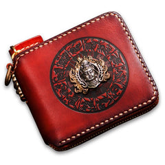 Handmade Leather Small Tooled Mens billfold Wallet Cool Chain Wallet Biker Wallets for Men