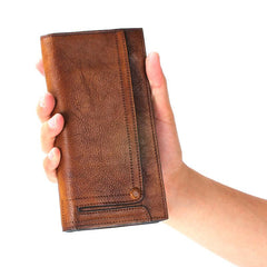 Handmade Leather Mens Cool Long Leather Wallet Bifold Clutch Wallet for Men