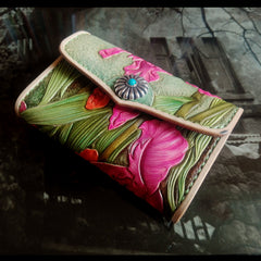 Handmade Green Womens tooled Leather Iris Flower Change Wallet Card Wallet Coin Holder for Women