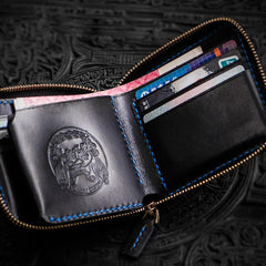 Handmade Leather Chinese Lion Tooled Mens billfold Wallet Cool Chain Wallet Biker Wallet for Men