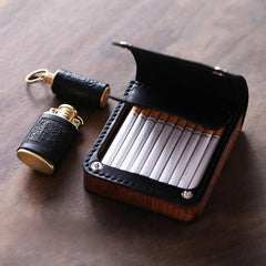 Handmade Wooden Black Leather Mens 20pcs Cigarette Case Cool Custom Cigarette Holder for Men