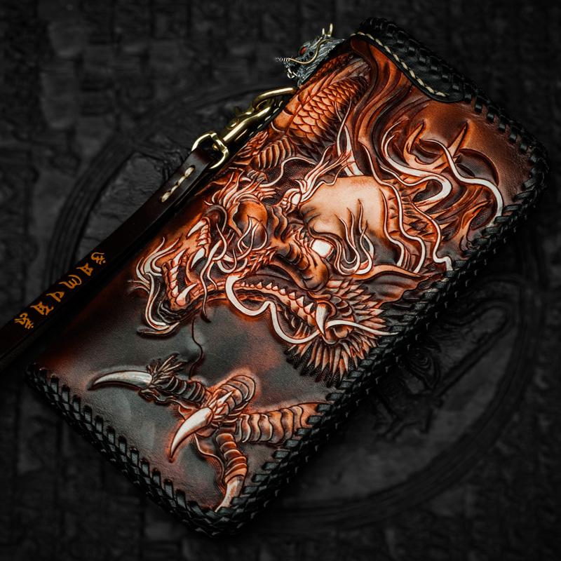 Handmade Leather Tooled Chinese Dragon Chain Wallet Mens Biker Wallet Cool Leather Wallets Long  Wallet for Men