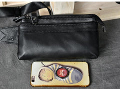 Cool Black Leather Fanny Pack Mens Black Waist Bag Hip Pack Black Belt Bag for Men