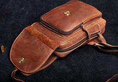 Genuine Leather Mens Cool Chest Bag Brown Sling Bag One Shoulder Backpack for men