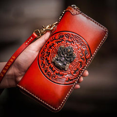Handmade Leather Tibetan Mens Biker Chain Wallet Cool Leather Wallets Long Clutch Wallets for Men