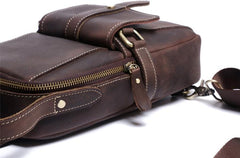 Genuine Leather Mens Cool Chest Bag Sling Bag Coffee One shoulder Backpack for men