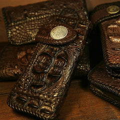 Handmade Leather Crocodile skin Biker Wallet Mens Cool Chain Wallet Trucker Wallet with Chain