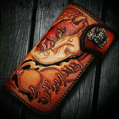 Handmade Leather Tooled Buddha&Demon Mens Chain Long Biker Wallet Cool Leather Wallet With Chain Wallets for Men