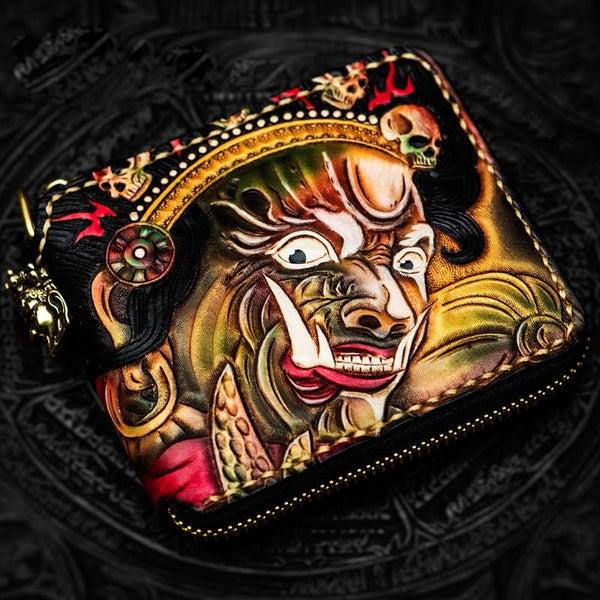 Handmade Leather Chain Wallet Tooled Mah¨¡k¨¡la Biker Wallet Mens Cool billfold Trucker Wallet with Chain