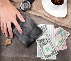 Cool Handmade Leather Mens Slim Small Wallet billfold Wallets Bifold for Men