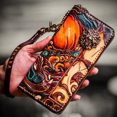 Handmade Leather Tooled Chinese Lion Mens Chain Biker Wallet Cool Leather Wallet Long Phone Wallets for Men