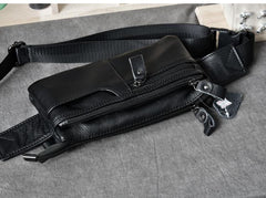 Cool Black Leather Fanny Pack Mens Black Waist Bag Hip Pack Black Belt Bag for Men