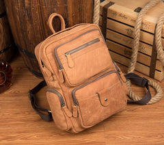 Cool Khaki Mens Leather 13inches Computer Backpack Camel Travel Backpack School Backpack for men
