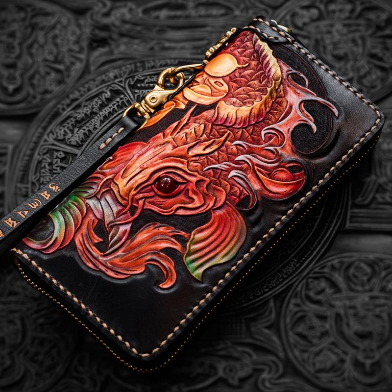 Handmade Leather Tooled Carp Mens Biker Chain Wallets Cool Leather Wallet Long Chain Wallets for Men