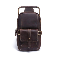 Genuine Leather Mens Cool Chest Bag Sling Bag Coffee One shoulder Backpack for men