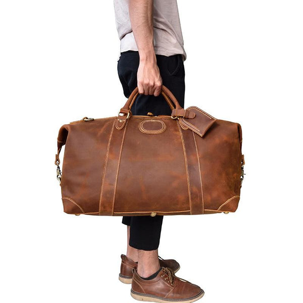 Cool Dark Brown Leather Mens Barrel Overnight BagsWeekender Bags Travel Bag For Men