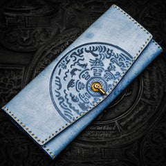 Handmade Leather Tooled Blue Women Envelope Vintage Leather Wallet Long Phone Clutch Wallets for Women