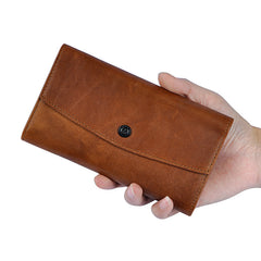 Leather Long Wallet for Men Trifold Brown Wallet