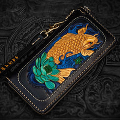 Handmade Leather Tooled Carp Mens Chain Biker Wallet Cool Leather Wallets Long Wallets for Men