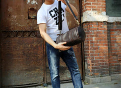 Genuine Leather Mens Barrel Bag Cool Weekender Bag Travel Bag Duffle Bags Overnight Bag Holdall Bag for men