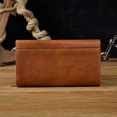 Leather Long Wallet for Men Trifold Brown Wallet