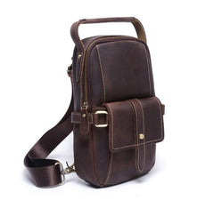 Genuine Leather Mens Cool Chest Bag Sling Bag Coffee One shoulder Backpack for men