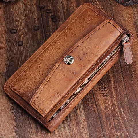 Handmade Leather Mens Cool Long Leather Wallet Bifold Clutch Wallet for Men