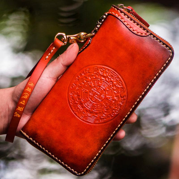 Handmade Leather Mens Cool Tibetan Chain Biker Wallets Leather Clutch Wallet Long Wallets for Men