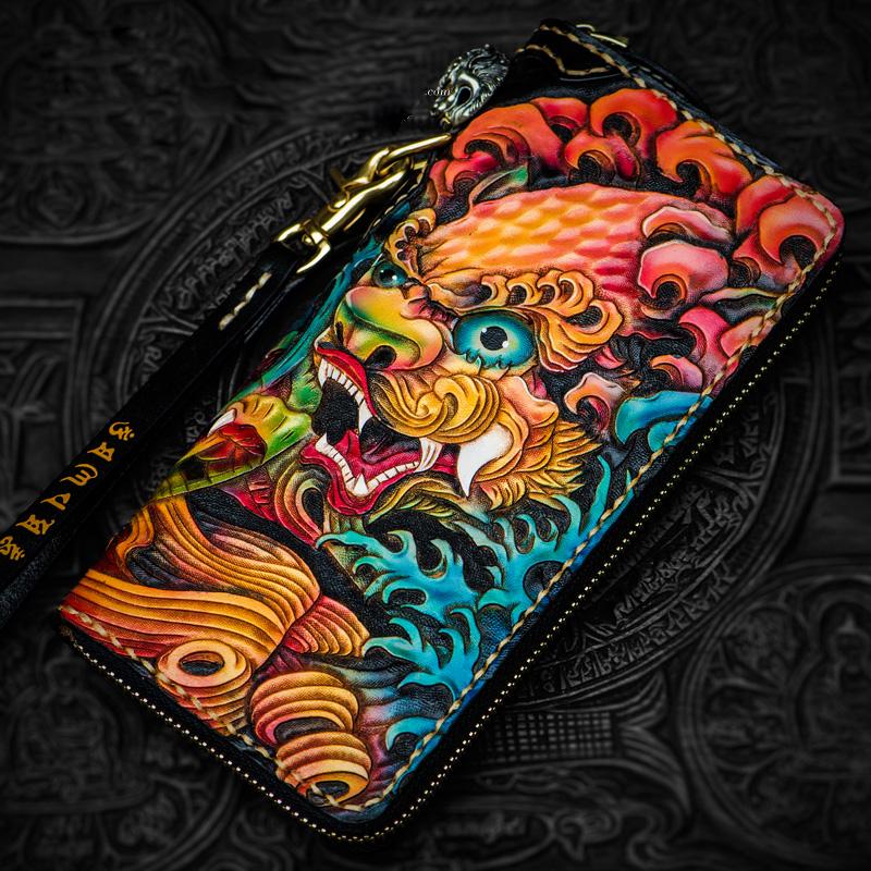 Handmade Leather Tooled Chinese Lion Black Mens Chain Biker Wallet Cool Leather Wallet Long Clutch Wallets for Men