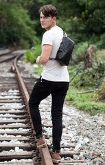 Cool Black Leather Mens Cool Sling Bag Black Crossbody Pack Chest Bag for men