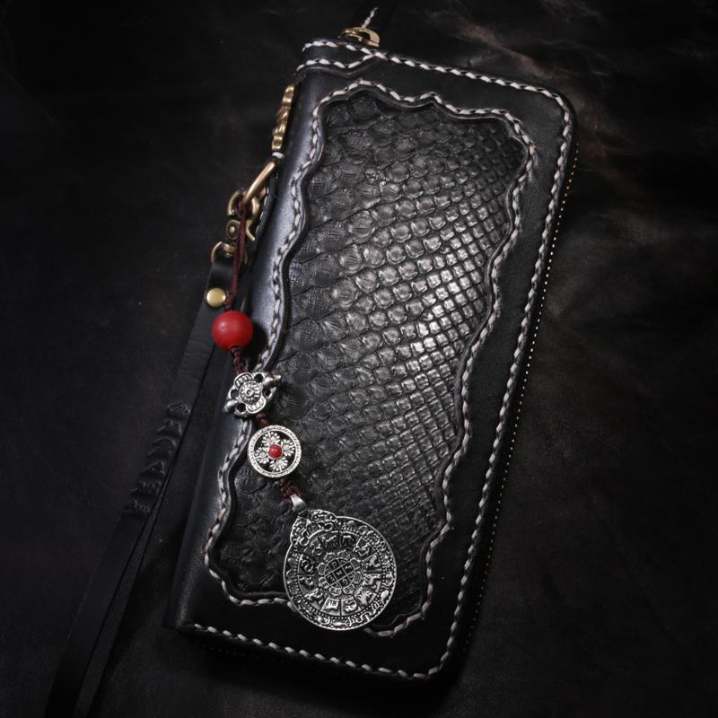 Handmade Leather Python Skin Mens Chain Biker Wallet Cool Leather Wallet Long Phone Wallets for Men